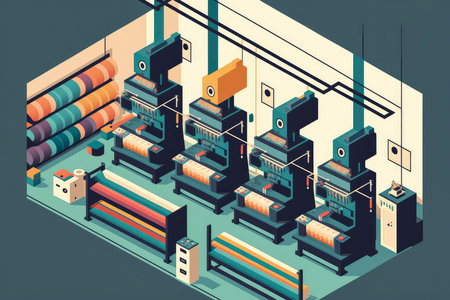 Massive Textile Factory with High-Speed Looms and Colorful Fabrics in Production, AI Generatedの素材