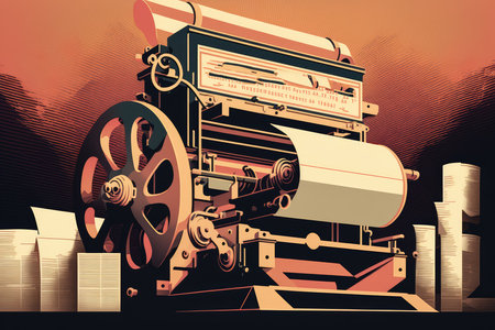 Illustration of a printing press in motion with newspapers coming out and the headline breaking news, AI Generatedの素材