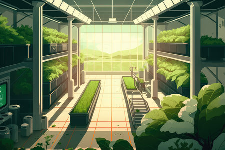 Modern Indoor Hydroponic Farm with Rows of Lush Green Plants and Natural Lighting, AI Generatedの素材