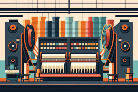 Massive Textile Factory with High-Speed Looms and Colorful Fabrics in Production, AI Generatedの素材