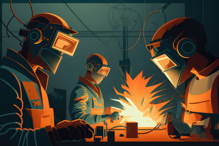 Industrial Welding Workshop with Welders Working on Metal Fabrication Projects, AI Generatedの素材