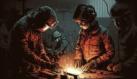 Industrial Metal Fabrication Workshop with Skilled Welders at Work, AI Generatedの素材