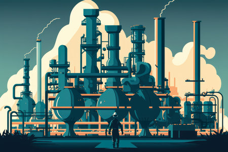Modern chemical refinery plant with workers overseeing chemical processing in vector style illustration, AI Generatedの素材