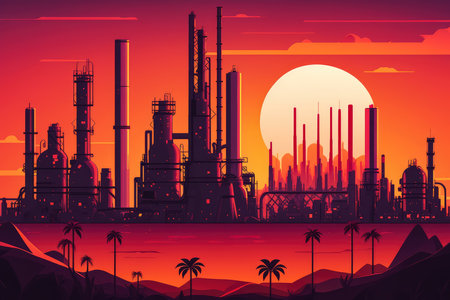 Petrochemical Refinery with Distillation Towers at Sunset, AI Generatedの素材