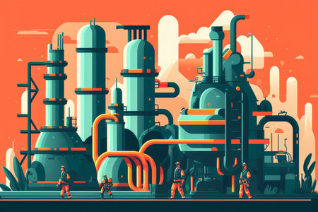 Oil Refinery Complex with Workers and Heavy Machinery, AI Generatedの素材