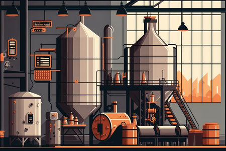modern brewery with sleek stainless-steel fermentation tanks, bottling machines, and conveyor belts, AI Generatedの素材