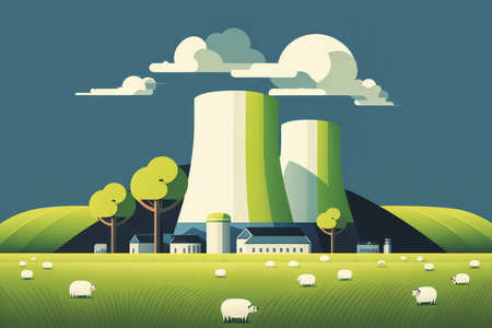 Minimalistic vector style illustration of a nuclear power plant with reactors and cooling towers surrounded by green fields and blue skies, AI Generatedの素材