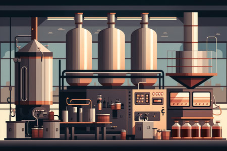 modern brewery with sleek stainless-steel fermentation tanks, bottling machines, and conveyor belts, AI Generatedの素材