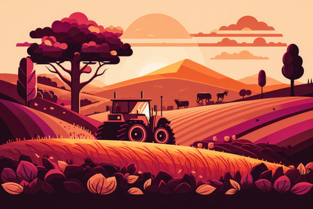 Vector style illustration of a beautiful farm landscape with tractors harvesting golden crops under a vibrant orange and pink sunset, AI Generatedの素材