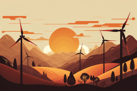 Powerful Windmills on a Hilltop with warm light, AI Generatedの素材