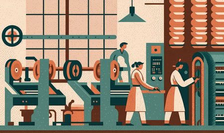 Retro Textile Mill with Looms and Workers Creating Quirky Fabric Designs, AI Generatedの素材