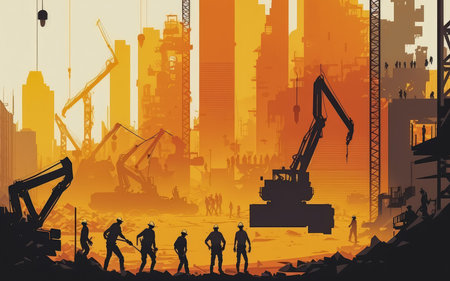 vector style Art of a Construction Site with Cranes and Workers in Action Against a Bright Cityscape, AI Generatedの素材