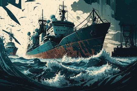 Shipyard in a Storm with Waves Crashing Against the Ships, AI Generatedの素材