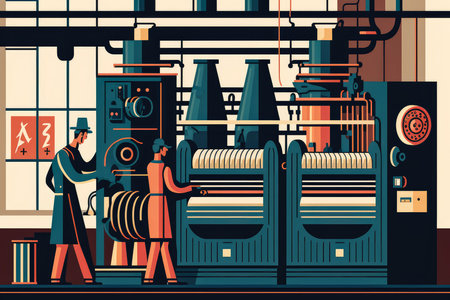 Retro Textile Mill with Looms and Workers Creating Quirky Fabric Designs, AI Generatedの素材