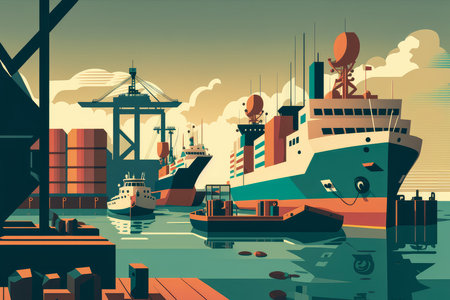 vector style Art of a Peaceful Dockyard with Calm Boats and Tranquil Waters, AI Generatedの素材