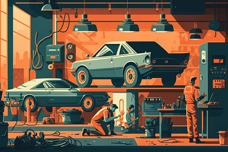 vector style bustling car repair shop with skilled mechanics working on various vehicles using specialized tools and equipment, AI generatedの素材