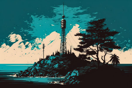 Telecommunication Tower with Antennas in a Coastal Area, AI Generatedの素材