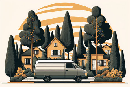 simple delivery van transporting a package through a quiet residential neighborhood with cozy houses and trees in the background, AI Generatedの素材