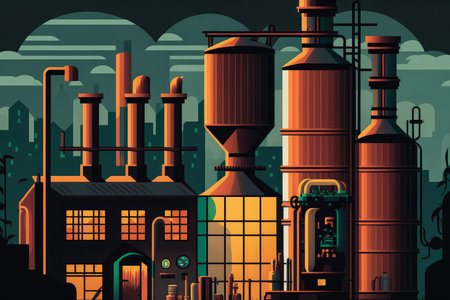 vector style illustration of a brewery at night with colorful lights illuminating the fermentation tanks and a city skyline in the background, AI Generatedの素材