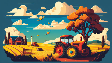 Vector style illustration of a farm with colorful tractors harvesting ripe crops under a blue sky with fluffy clouds, AI Generatedの素材