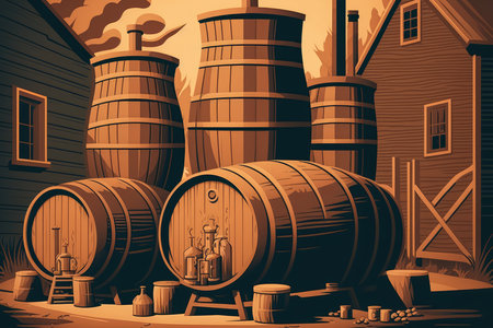 Vintage Distillery Scene with Stacked Whiskey Barrels and Copper Stills, AI Generatedの素材