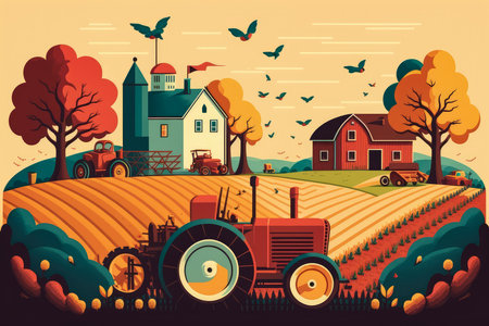Whimsical illustration of a cheerful farm with happy farmers harvesting colorful crops with vintage tractors, AI Generatedの素材