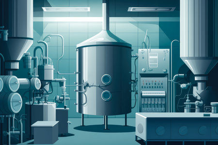 Vector style illustration of a sterile and high-tech pharmaceutical manufacturing facility with stainless steel tanks, vials, and tubes, AI Generatedの素材