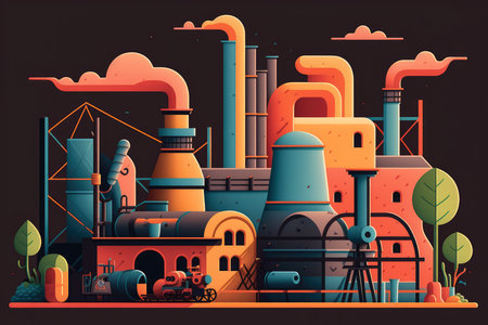 vector style illustration of a plastics manufacturing plant with cartoonish machinery and colorful characters operating them, AI Generatedの素材