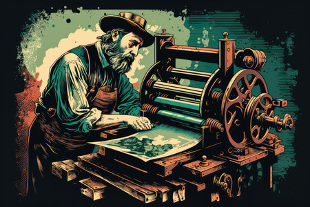 Vintage printing press in action with a skilled pressman operating the machine and colorful ink rollers, AI Generatedの素材