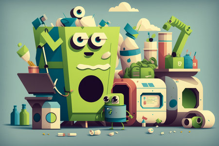 Whimsical vector style illustration of a recycling center with sorting machines and anthropomorphic waste materials sorting themselves, AI Generatedの素材