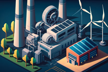Vector style illustration of an eco-friendly plastics manufacturing plant powered by wind turbines and solar panels, AI Generatedの素材