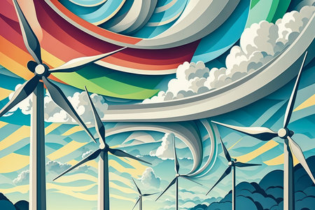 Wind turbines against a cloudy sky futuristic vector style illustration of renewable energy, AI Generatedの素材