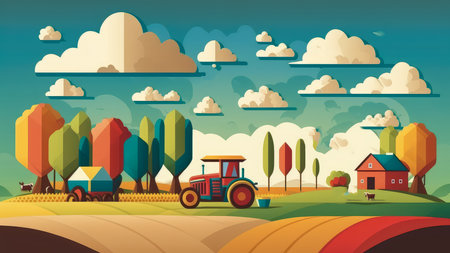 Vector style illustration of a farm with colorful tractors harvesting ripe crops under a blue sky with fluffy clouds, AI Generatedの素材