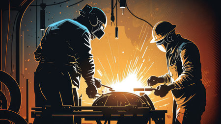 Welding Workshop with Skilled Workers Creating Metal Fabrications, AI Generatedの素材