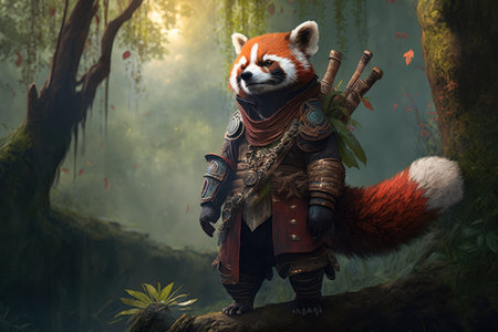 Adorable Red Panda standing on hind legs while munching on bamboo in a bamboo forest, AI Generatedの素材
