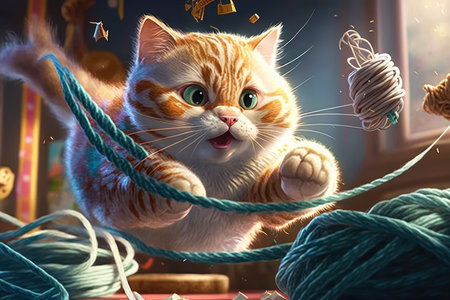 Adventurous kitten chasing a ball of yarn through a colorful obstacle course, AI Generatedの素材