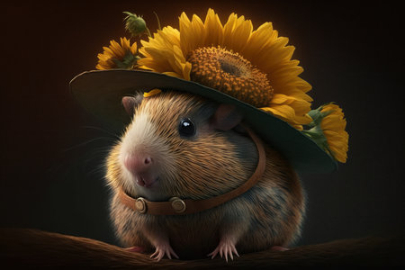 Adorable Guinea Pig Wearing a Sunflower Hat, AI Generatedの素材