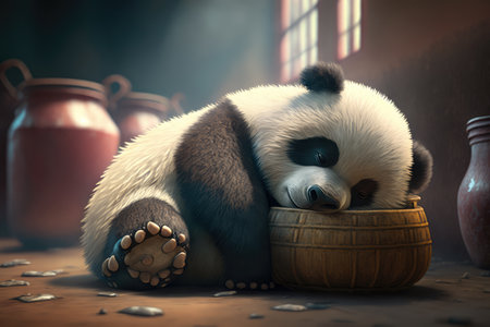Baby Panda with a Sleepy Yawn in comfortable and warm indoor area, AI Generatedの素材