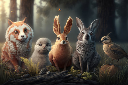 Animal Friends Group of Playful Animals Sitting Together in a Meadow, AI Generatedの素材