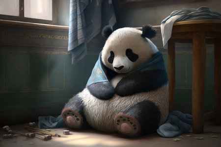 Baby Panda with a Sleepy Yawn in comfortable and warm indoor area, AI Generatedの素材
