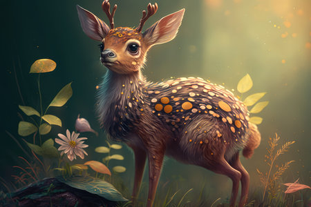 Curious Fawn exploring the lush forest floor in a playful pose, AI Generatedの素材