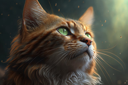 Curious cat staring into the distance with its bright green eyes and tilted head, AI Generatedの素材