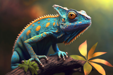 Charming Chameleon Perched on a Twig with a Bright Blue Sky in the Background, AI Generatedの素材