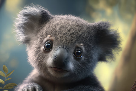 Cute Baby Koala Clinging to a Tree with a Tilted Head, AI Generatedの素材