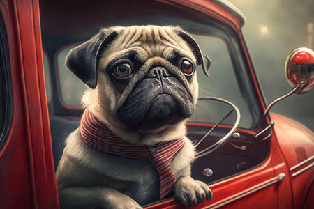 Charming pug wearing a red bowtie while sitting in a vintage car, AI Generatedの素材