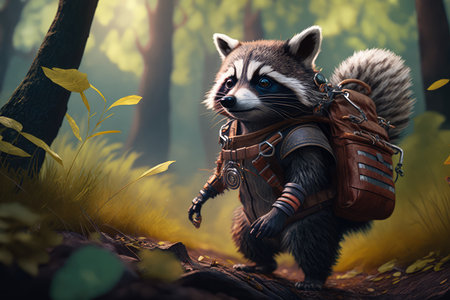 Cute raccoon wearing a backpack and exploring the forest with curiosity, AI Generatedの素材