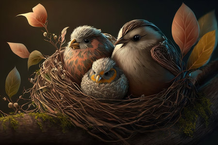 Cozy nest group of adorable baby birds cuddled up in their nest, surrounded by feathers and twigs, AI generatedの素材