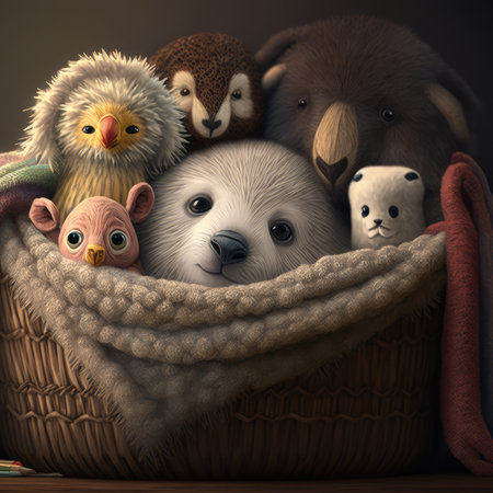 group of baby animals cuddled up together in a cozy basket, AI Generatedの素材