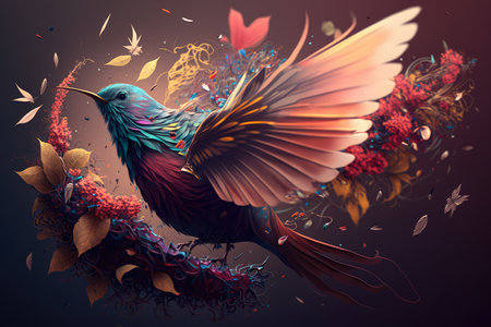 Energetic bird chasing a colorful butterfly through a blooming garden filled with fragrant flowers, AI Generatedの素材