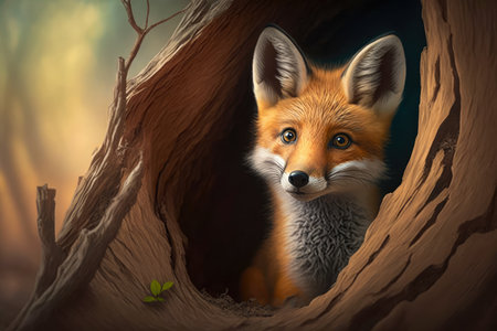 Curious Baby Fox Gazing from a Hollow Tree, AI Generatedの素材